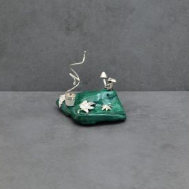   Asztali tolltartó, Malachit ásvány, 925-ös ezüst, Gomba és levél